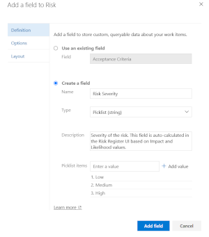 example Azure DevOps Services Risk Management severity values